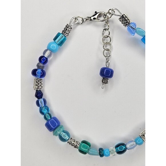 Blue Assorted Glass Beaded Silver Wire Charm Bracelet Arm Cuff - Picture 2 of 10